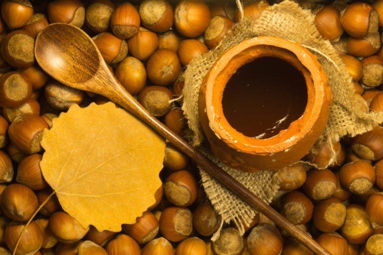 Honey pot with wooden spoon and nuts